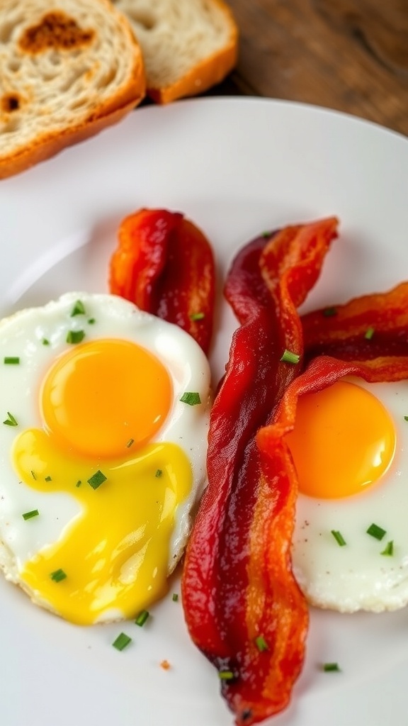 Classic Bacon and Eggs Recipe A breakfast plate with crispy bacon and sunny-side-up eggs, garnished with herbs and a slice of toast.